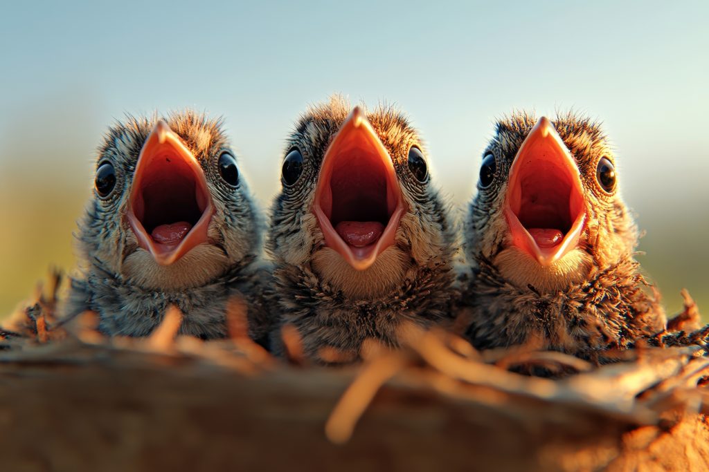 a brood of famished baby birds perch in their nest on a flowering tree, their mouths agape in anticipation of being fed, while the young birds let out plaintive cries